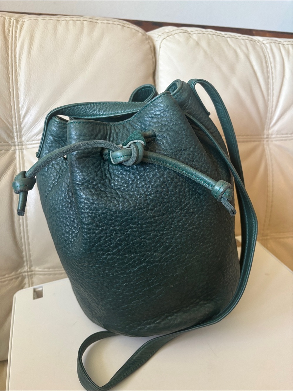 Pebbled Teal Leather Drawstring Crossbody Bucket Bag